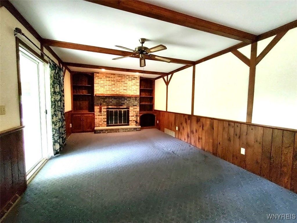Empty room, Fireplace, Interior, Stone Walls, Wooden Beams