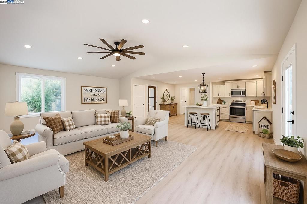 Interior, Kitchen, Living room, Pendant Lights, Recessed Lighting, Stainless Steel Appliances, Wood Texture Flooring