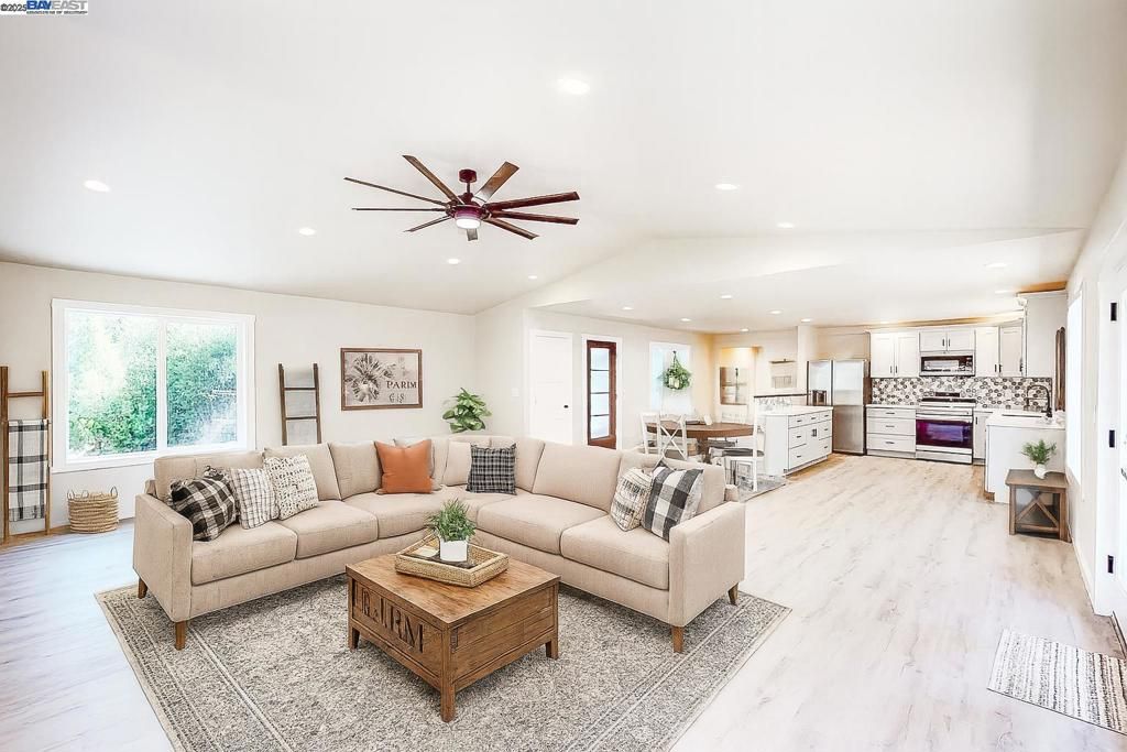 Interior, Kitchen, Living room, Recessed Lighting, Stainless Steel Appliances, Wood Texture Flooring