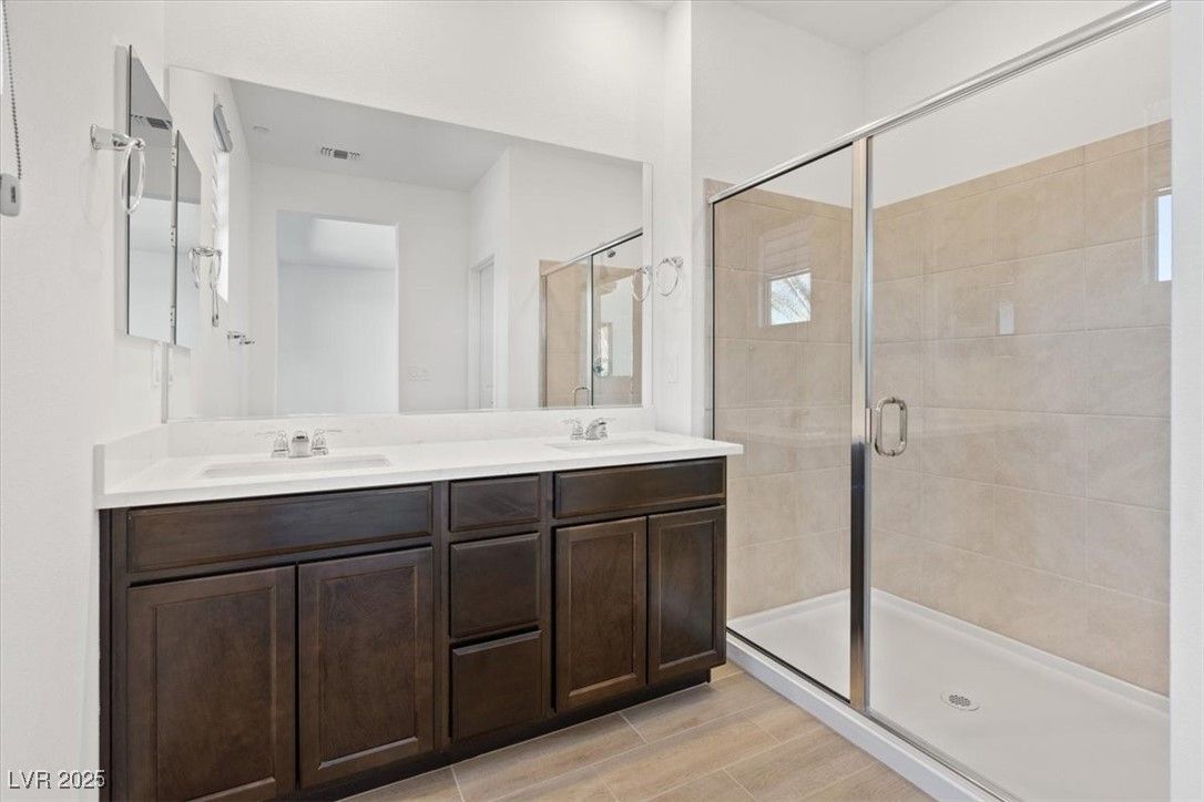 Bathroom, Dual Sink Vanities, Glass Shower, Interior, Wood Texture Flooring