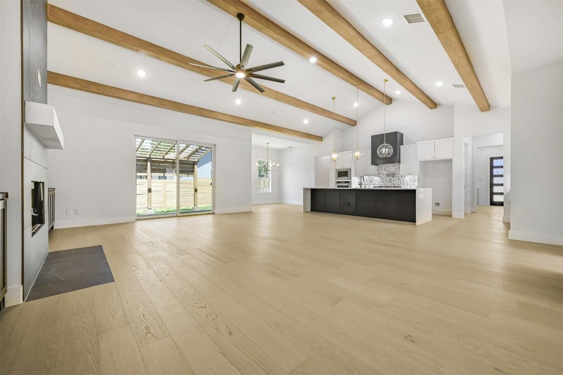 Empty room, Interior, Pendant Lights, Recessed Lighting, Wooden Beams, Wood Texture Flooring