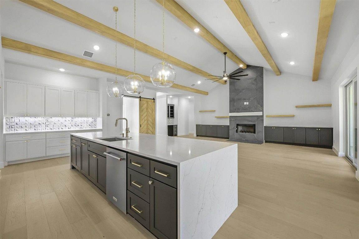 Fireplace, Interior, Kitchen, Pendant Lights, Recessed Lighting, Wooden Beams, Wood Texture Flooring