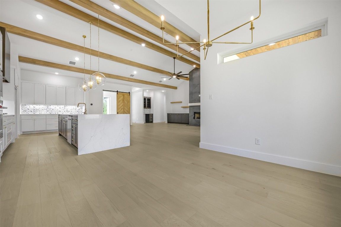 Interior, Kitchen, Pendant Lights, Recessed Lighting, Wooden Beams, Wood Texture Flooring