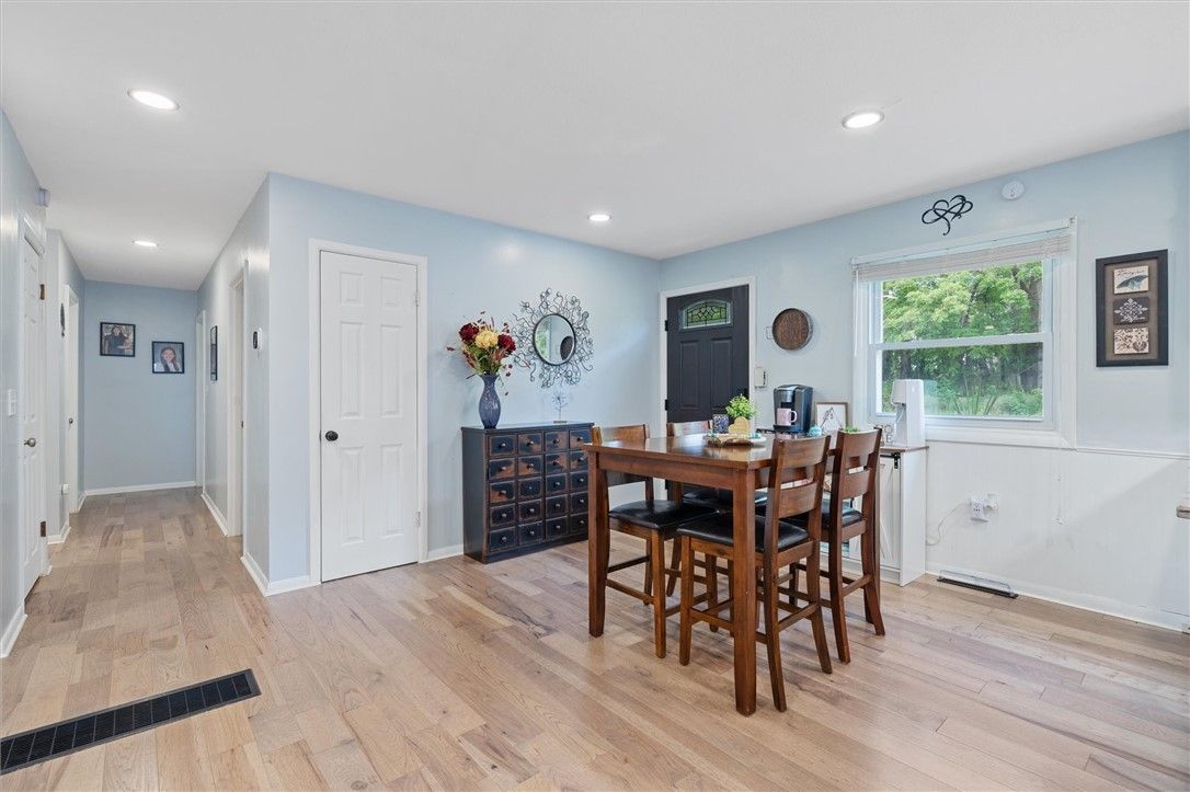 Dining room, Interior, Recessed Lighting, Wood Texture Flooring