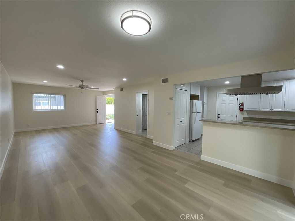 Empty room, Interior, Kitchen, Recessed Lighting, Wood Texture Flooring