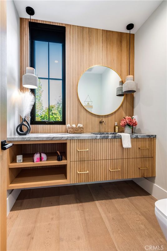 Bathroom, Interior, Pendant Lights, Wood Texture Flooring