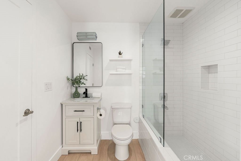Bathroom, Glass Shower, Interior, Wood Texture Flooring