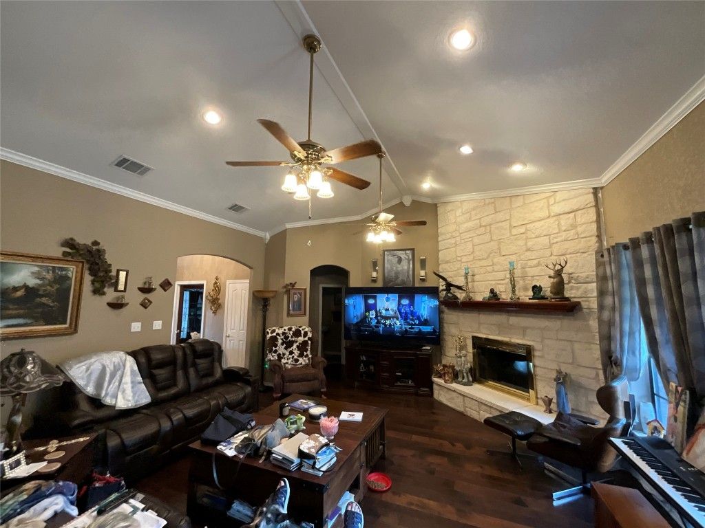 Fireplace, Interior, Living room, Recessed Lighting, Stone Walls, Wood Texture Flooring
