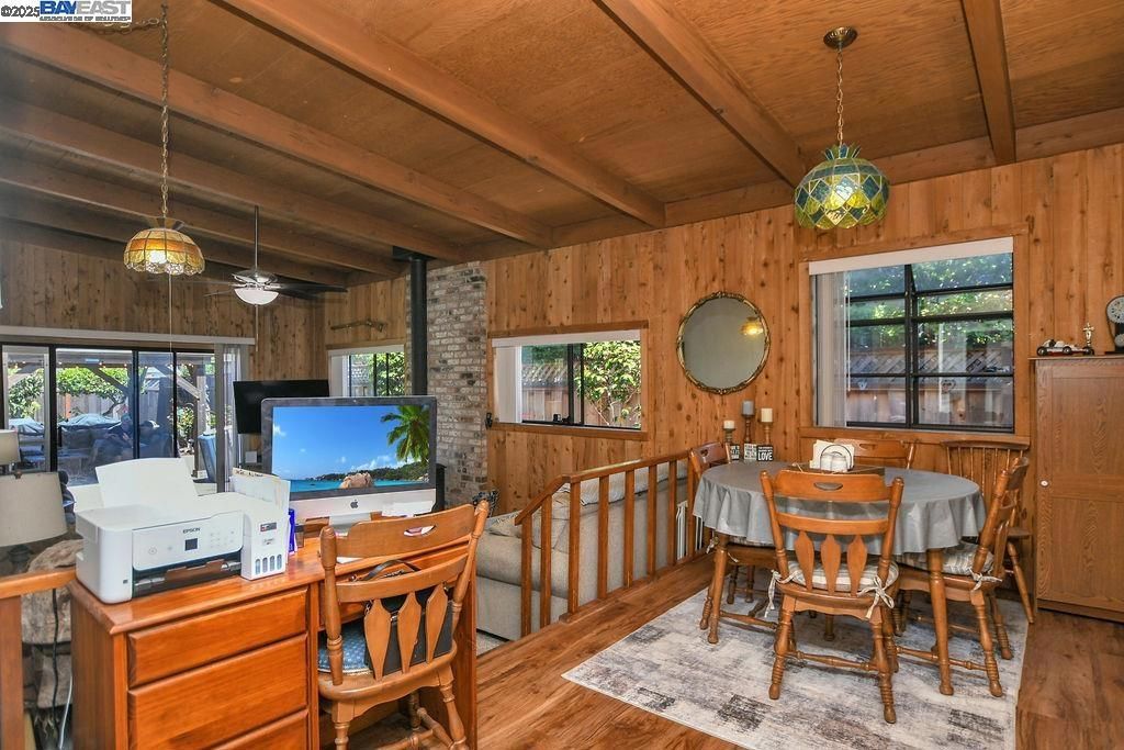 Dining room, Interior, Pendant Lights, Stone Walls, Wooden Beams, Wooden Ceilings, Wood Texture Flooring, Wooden Walls