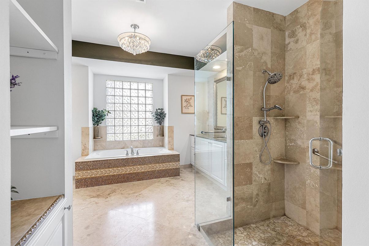 Bathroom, Chandelier, Glass Shower, Interior, Recessed Lighting