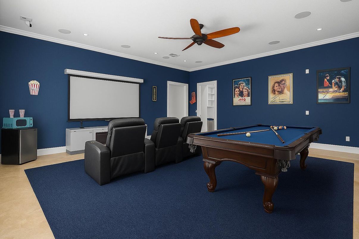 Billiard Table, Home Theatre Room, Game Room, Interior, Projection Screen, Recessed Lighting, Theatre Room