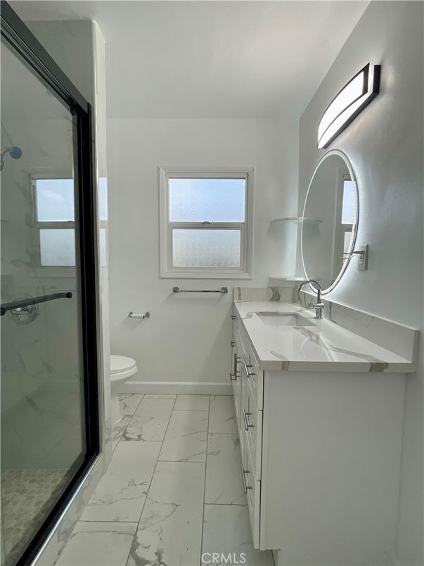 Bathroom, Dual Sink Vanities, Glass Shower, Interior, Marble, Marble Walls