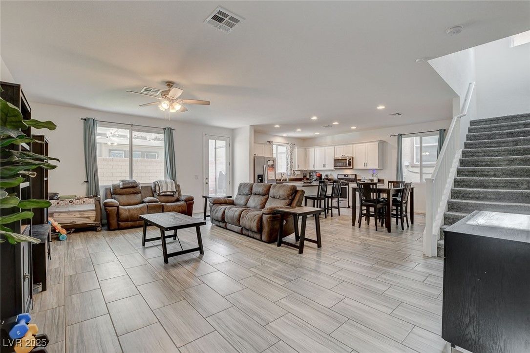 Dining room, Interior, Kitchen, Living room, Recessed Lighting, Wood Texture Flooring