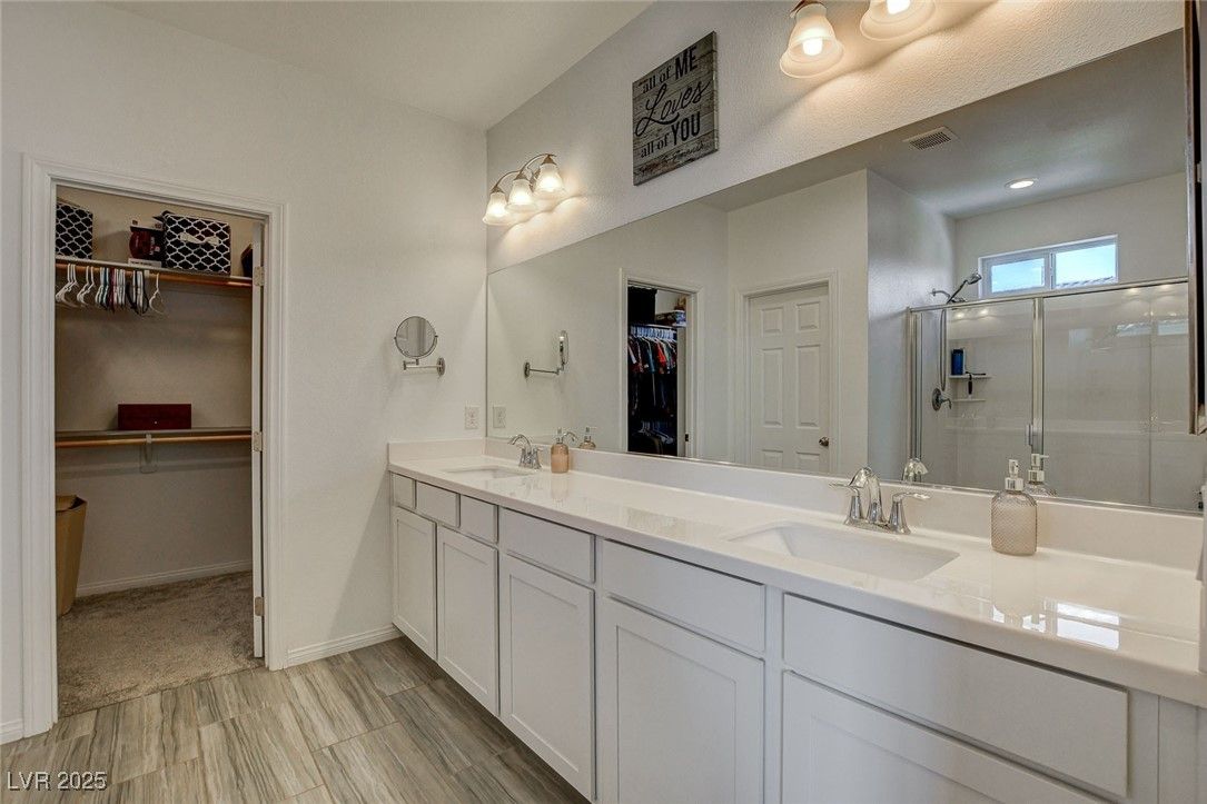 Bathroom, Dual Sink Vanities, Glass Shower, Interior, Recessed Lighting, Wood Texture Flooring