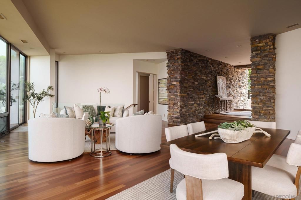 Dining room, Interior, Living room, Recessed Lighting, Stone Walls, Wood Texture Flooring
