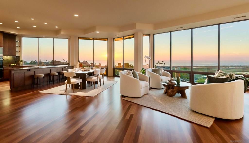 Dining room, Interior, Living room, Recessed Lighting, Water, Wood Texture Flooring