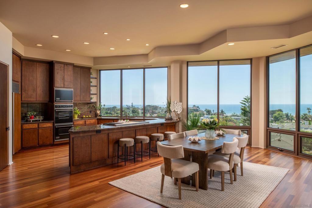 Dining room, Interior, Kitchen, Recessed Lighting, Stainless Steel Appliances, Water, Wood Texture Flooring