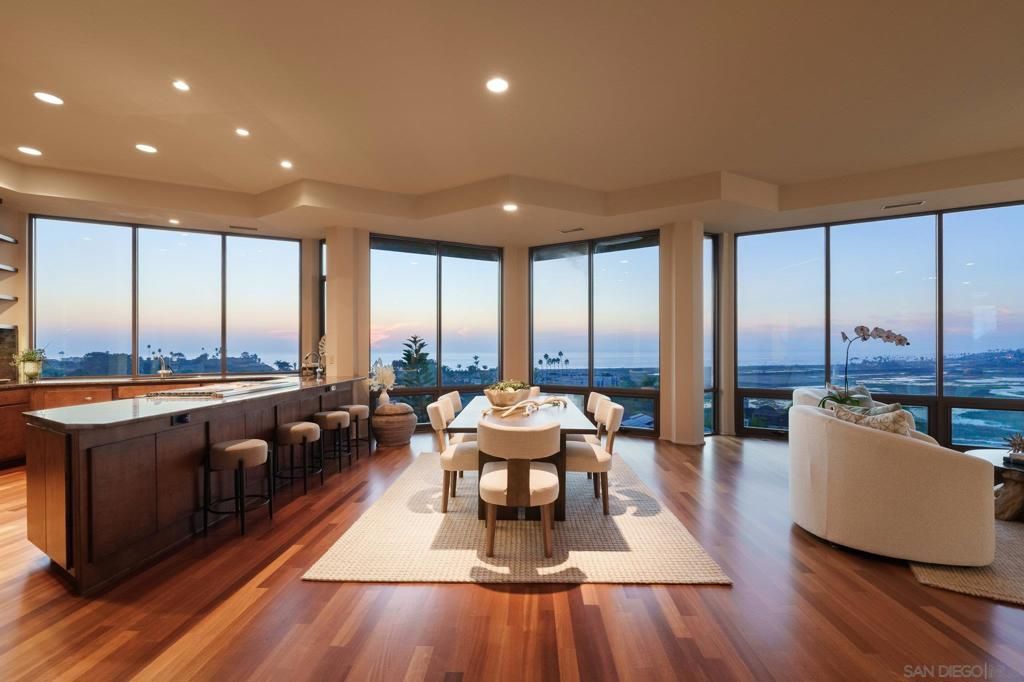 Dining room, Interior, Living room, Recessed Lighting, Water, Wood Texture Flooring