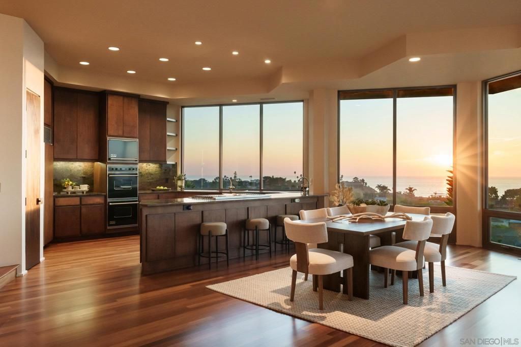 Dining room, Interior, Kitchen, Recessed Lighting, Stainless Steel Appliances, Water, Wood Texture Flooring