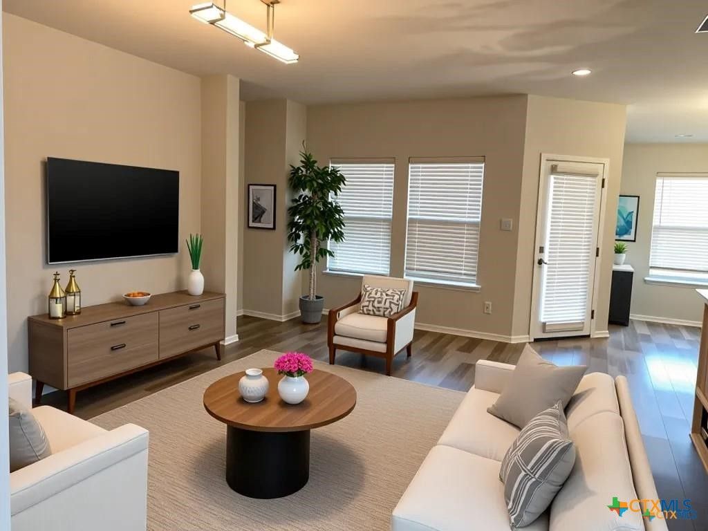 Interior, Living room, Recessed Lighting, Wood Texture Flooring
