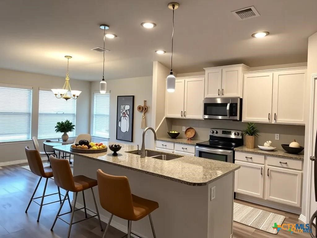 Chandelier, Dining room, Interior, Kitchen, Pendant Lights, Recessed Lighting, Stainless Steel Appliances, Wood Texture Flooring