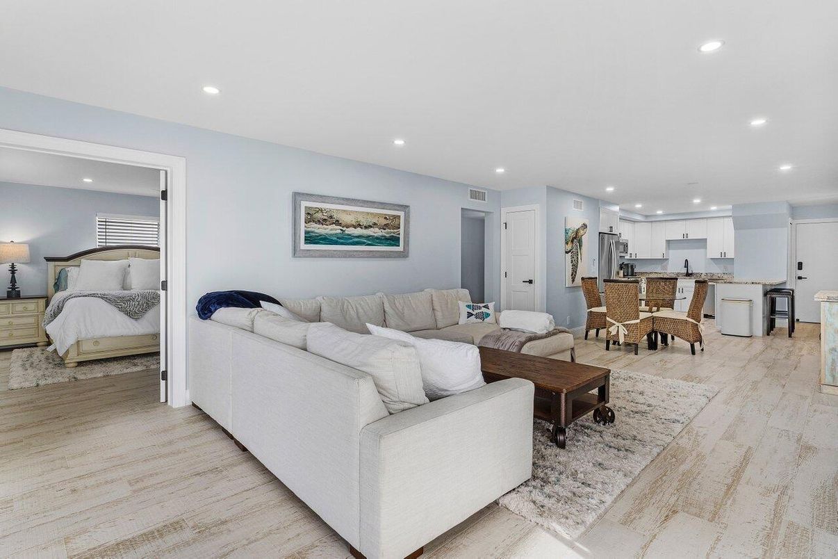 Dining room, Interior, Kitchen, Living room, Recessed Lighting, Stainless Steel Appliances, Wood Texture Flooring