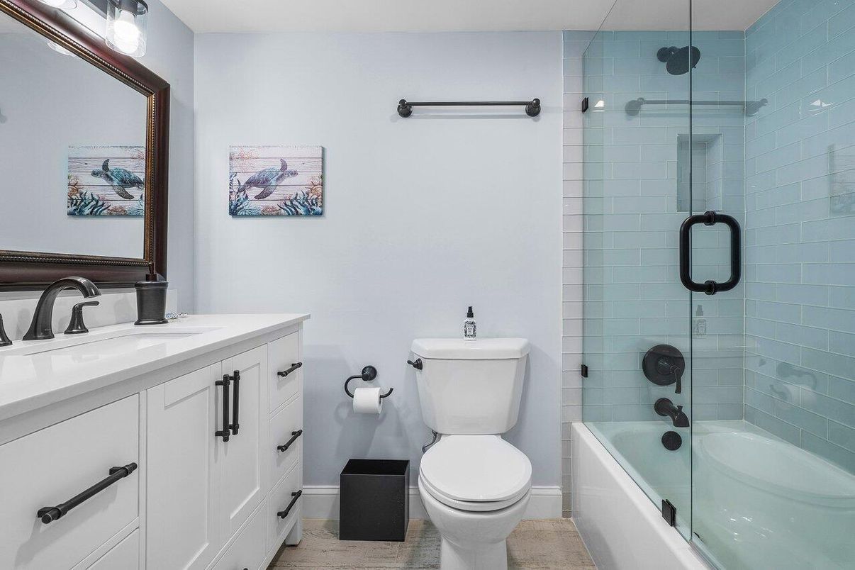 Bathroom, Glass Shower, Interior, Wood Texture Flooring