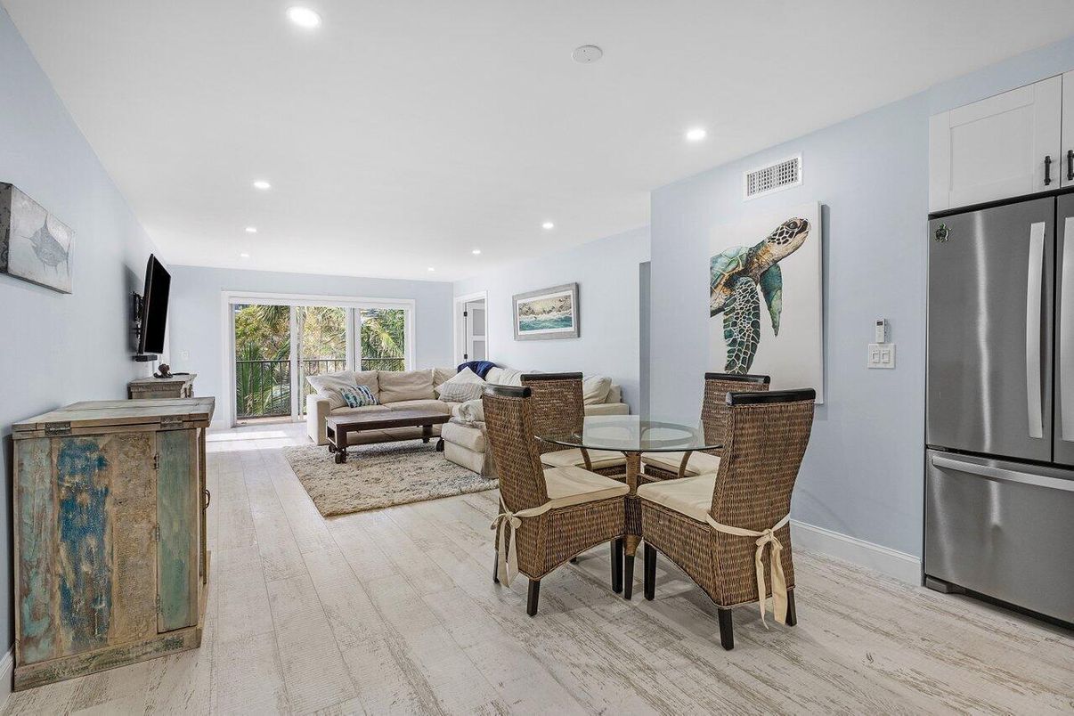 Dining room, Interior, Kitchen, Living room, Recessed Lighting, Stainless Steel Appliances, Wood Texture Flooring