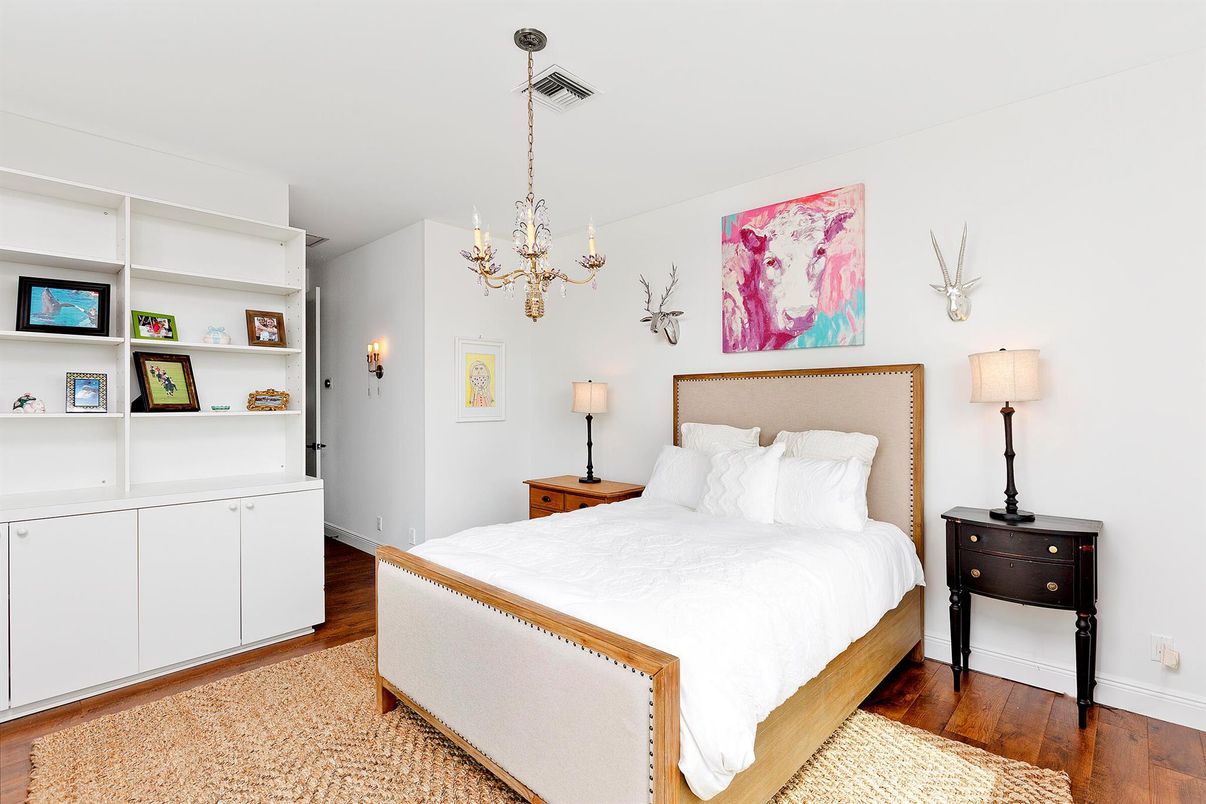 Bedroom, Chandelier, Interior, Wood Texture Flooring