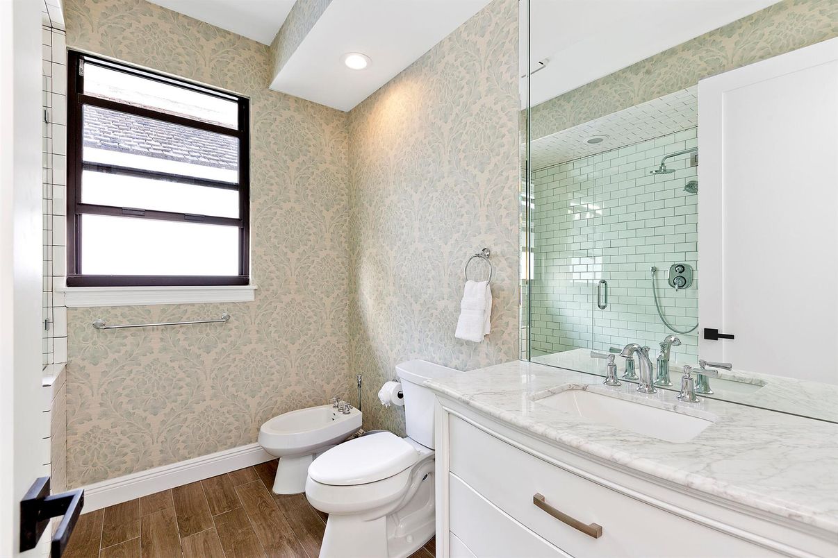 Bathroom, Glass Shower, Interior, Recessed Lighting, Wood Texture Flooring