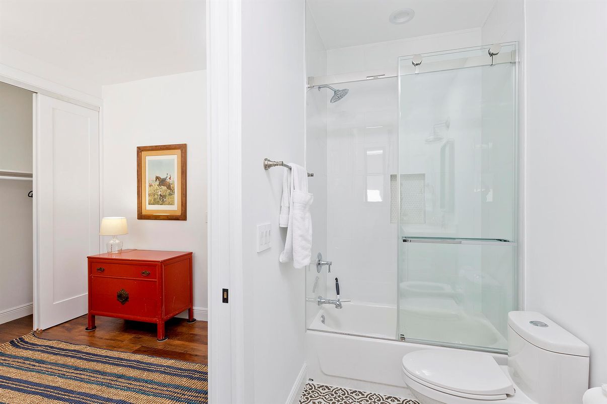 Bathroom, Glass Shower, Interior, Wood Texture Flooring