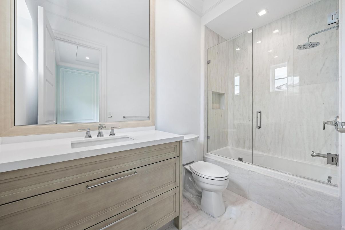 Bathroom, Glass Shower, Interior, Marble, Marble Walls, Recessed Lighting