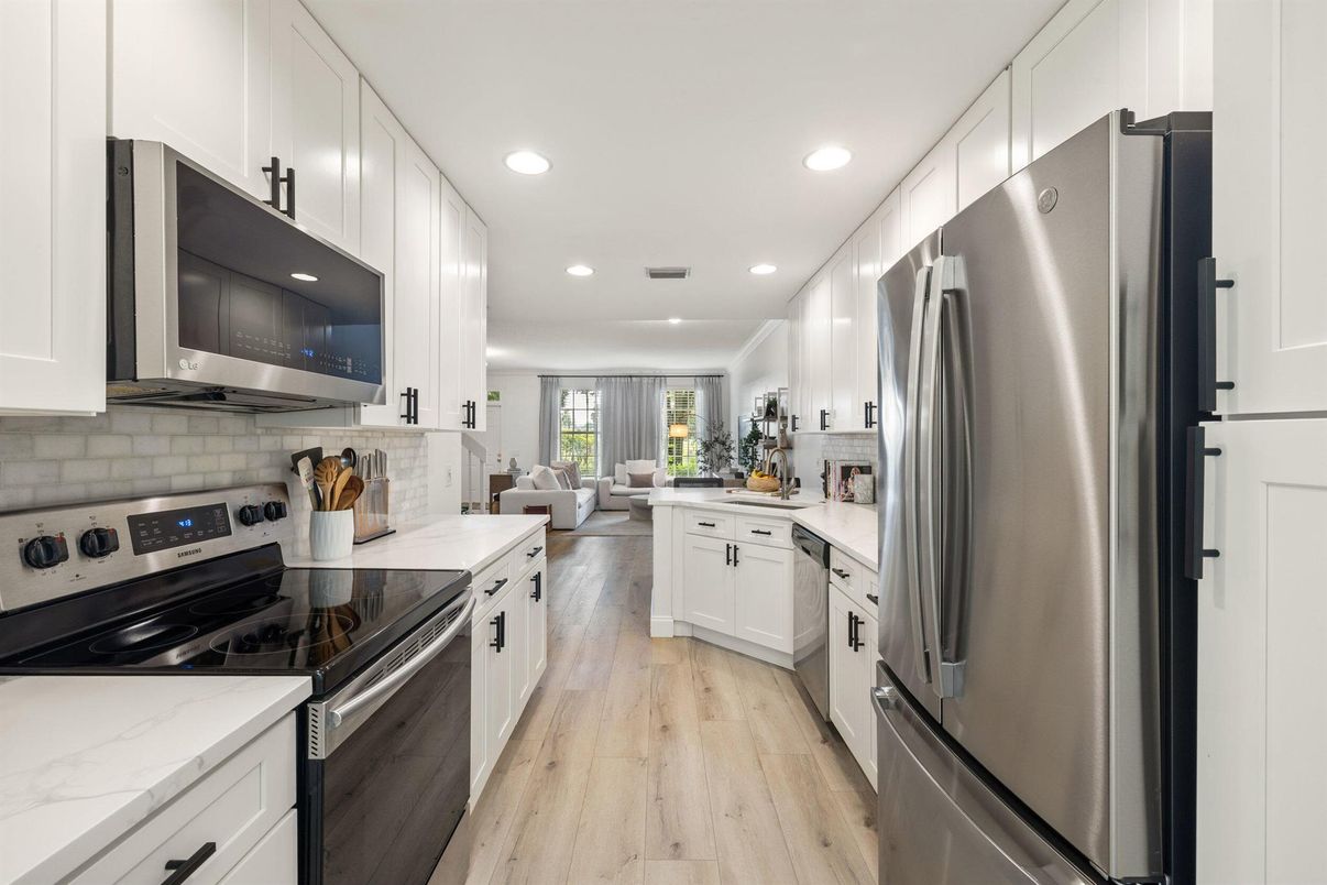 Interior, Kitchen, Living room, Recessed Lighting, Stainless Steel Appliances, Wood Texture Flooring