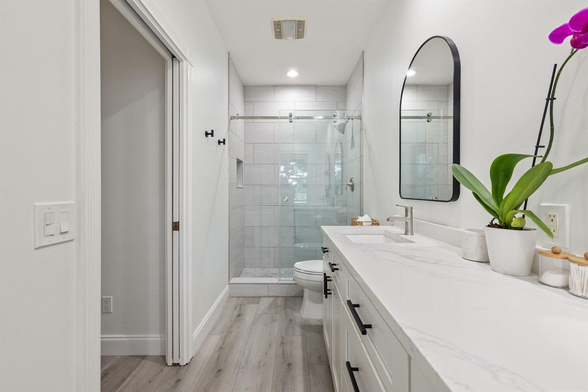 Bathroom, Glass Shower, Interior, Recessed Lighting, Wood Texture Flooring