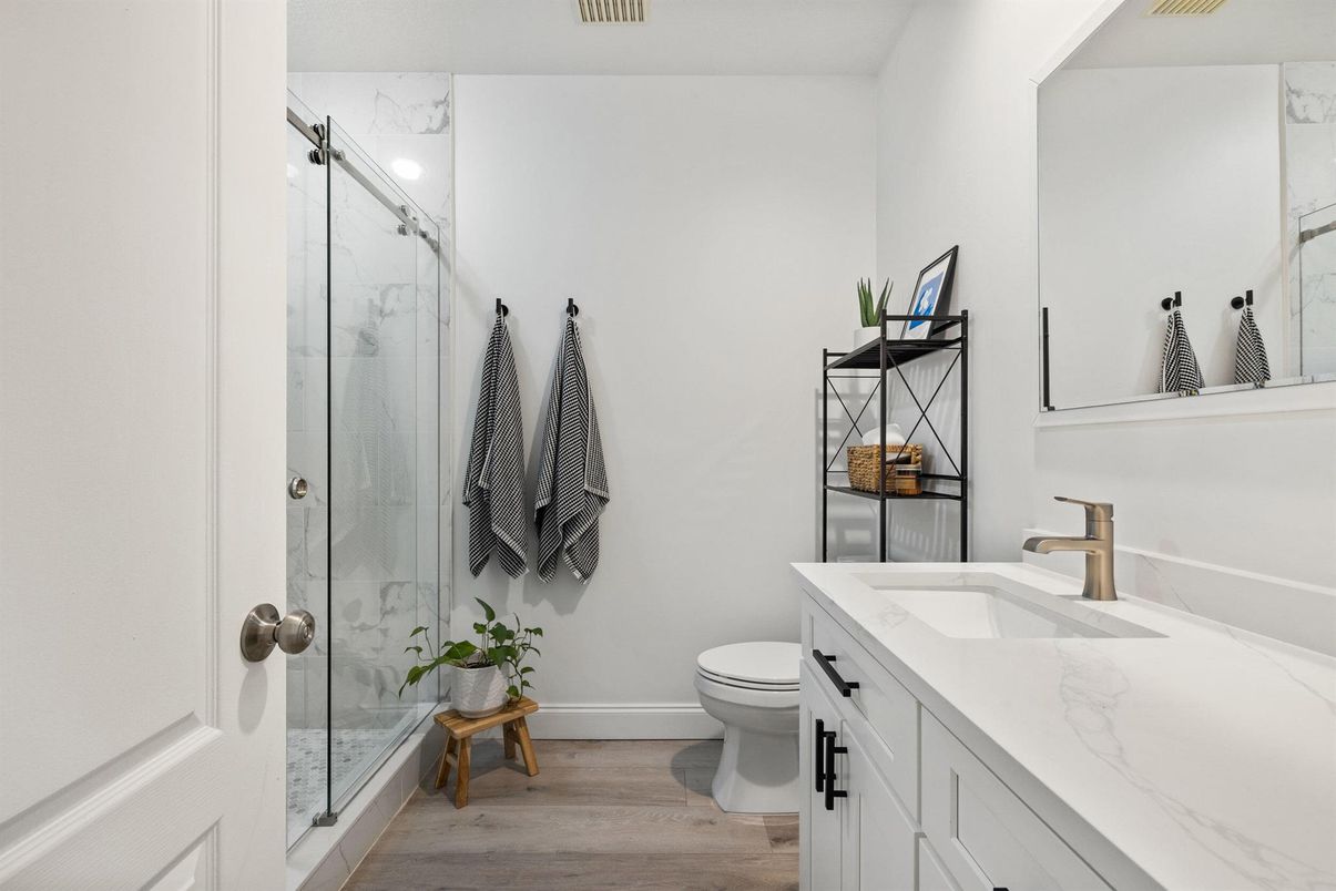 Bathroom, Glass Shower, Interior, Wood Texture Flooring