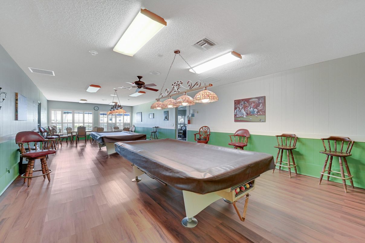 Billiard Table, Game Room, Interior, Pendant Lights, Recessed Lighting, Wood Texture Flooring