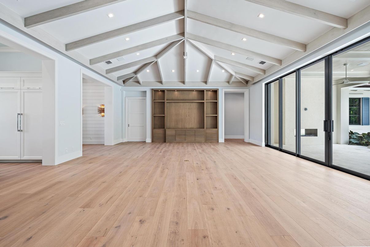 Empty room, Interior, Recessed Lighting, Wooden Beams, Wood Texture Flooring