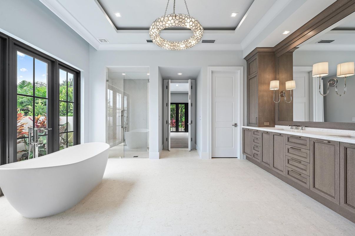 Bathroom, Chandelier, Dual Sink Vanities, Free Standing Baths, Glass Shower, Interior, Pendant Lights, Recessed Lighting