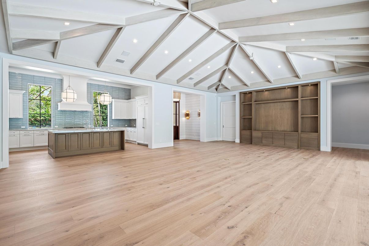 Empty room, Interior, Pendant Lights, Recessed Lighting, Wooden Beams, Wood Texture Flooring