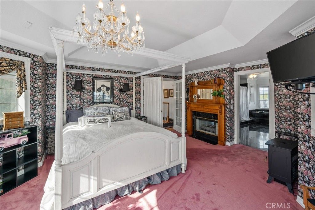Bedroom, Chandelier, Fireplace, Interior