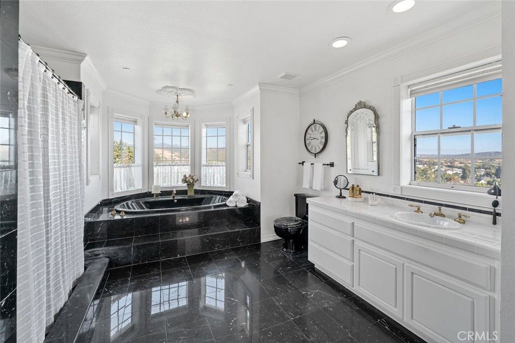 Bathroom, Chandelier, Dual Sink Vanities, Interior, Marble, Recessed Lighting