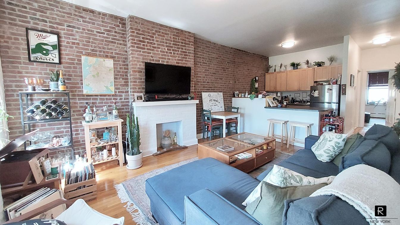 Dining room, Fireplace, Interior, Kitchen, Living room, Recessed Lighting, Stone Walls, Wood Texture Flooring