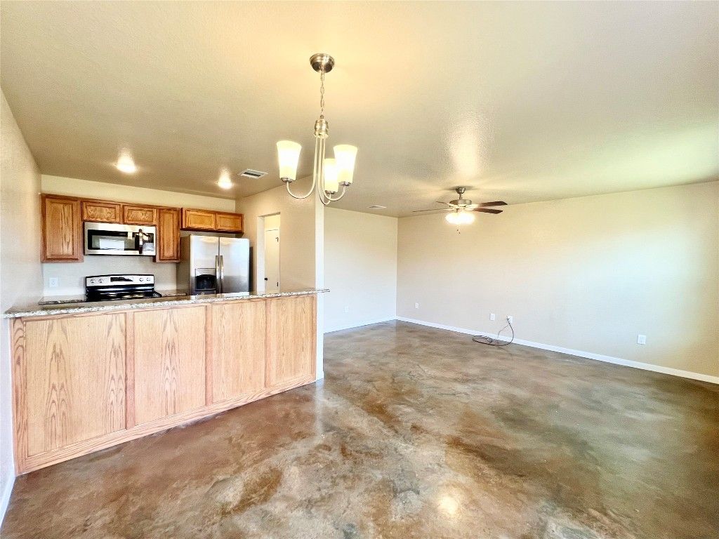 Empty room, Interior, Kitchen, Pendant Lights, Recessed Lighting, Stainless Steel Appliances