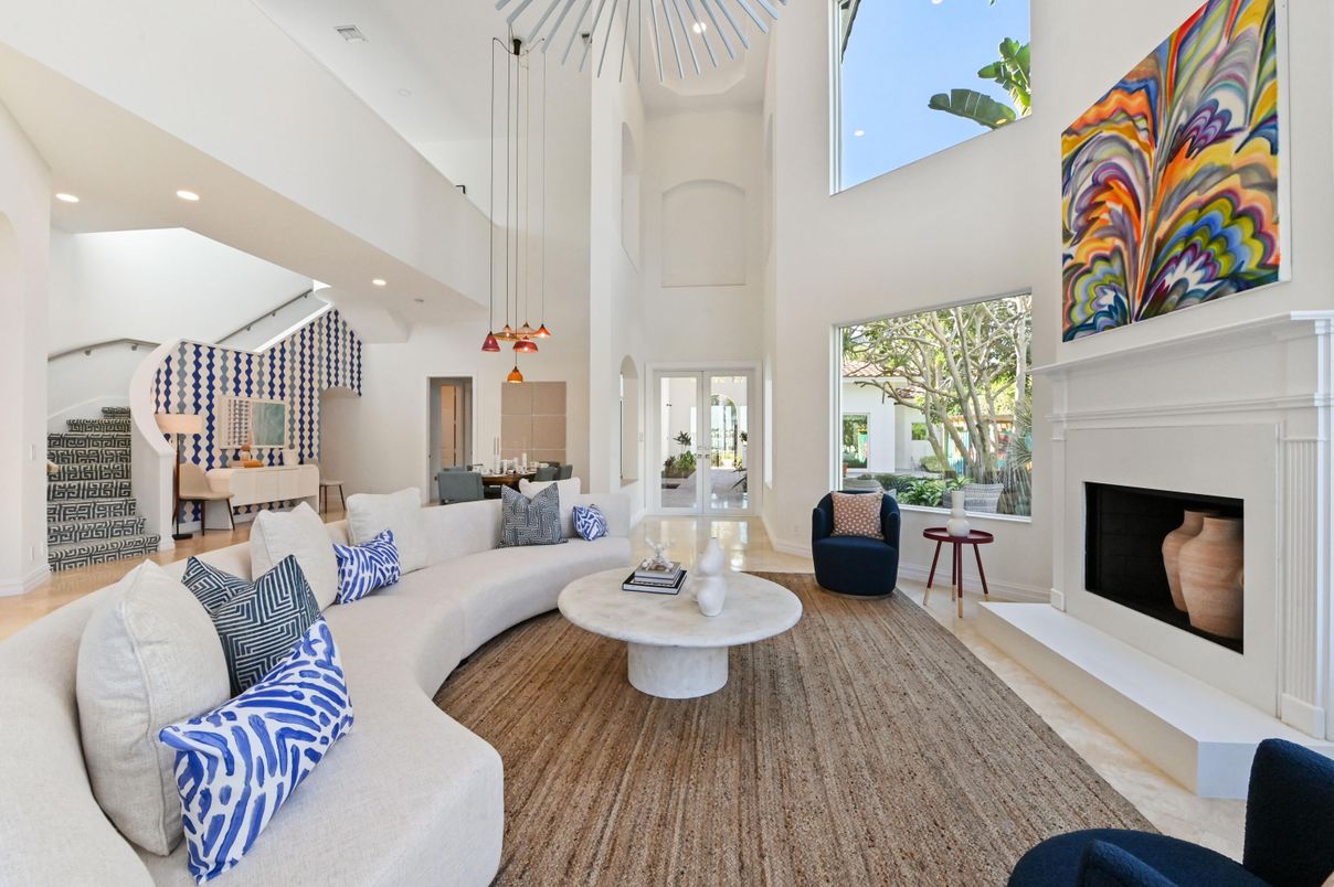 Dining room, Fireplace, Interior, Living room, Pendant Lights, Recessed Lighting