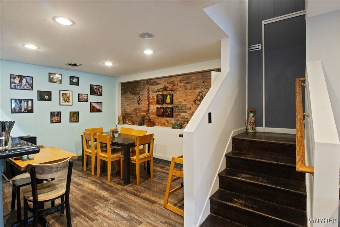 Dining room, Interior, Recessed Lighting, Stone Walls, Wood Texture Flooring