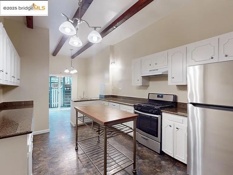 Dining room, Interior, Kitchen, Pendant Lights, Stainless Steel Appliances, Wooden Beams