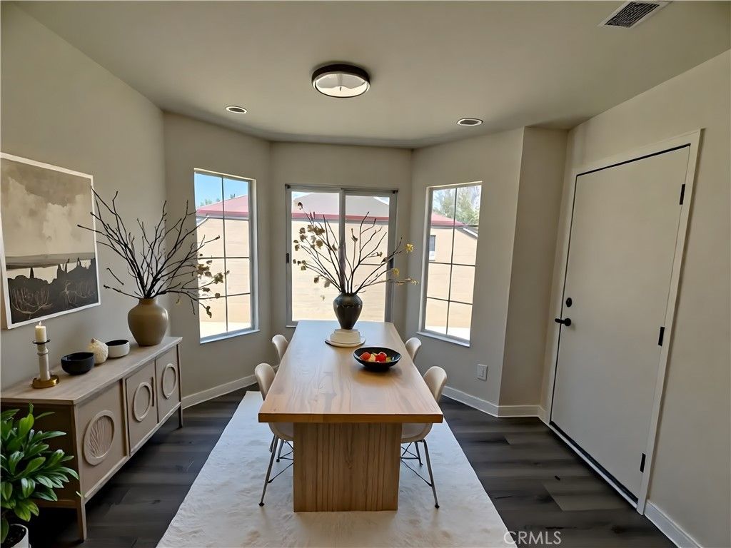 Dining room, Interior, Recessed Lighting, Wood Texture Flooring