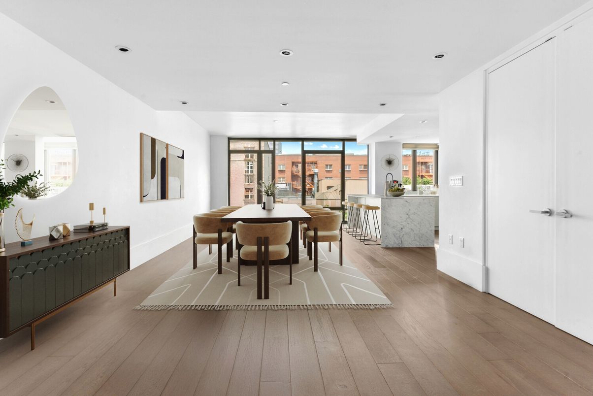 Dining room, Interior, Recessed Lighting, Wood Texture Flooring