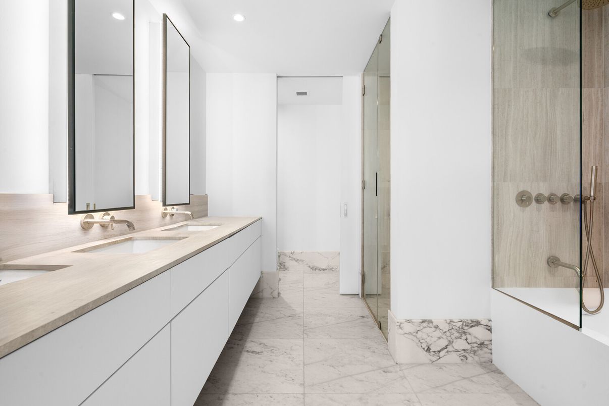 Bathroom, Dual Sink Vanities, Glass Shower, Interior, Marble, Recessed Lighting