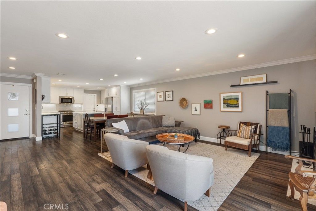 Dining room, Interior, Kitchen, Living room, Recessed Lighting, Stainless Steel Appliances, Wood Texture Flooring